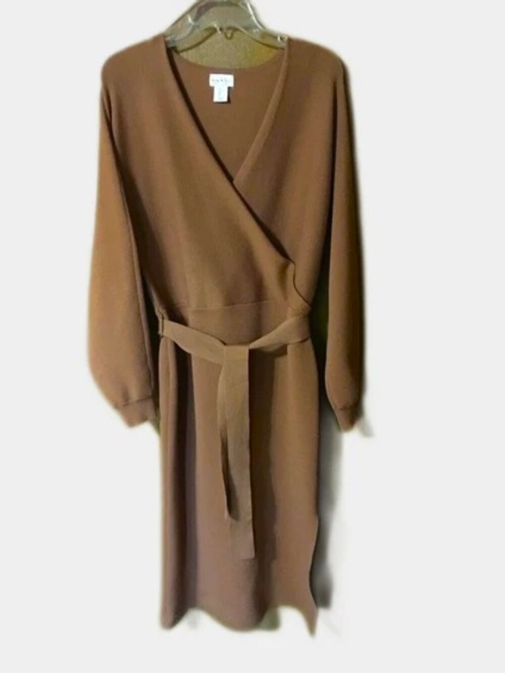 Nicole Miller Long Sleeve Sweater Dress Brown Faux Wrap-Size L - Picture 3 of 5